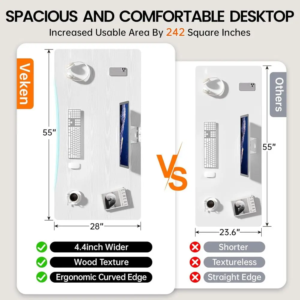 28 Height-Adjustable White Electric Desk, 55 for Sit-Stand Work, Study, Gaming