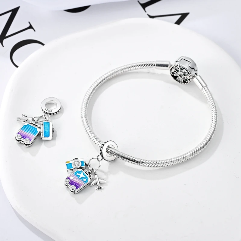 925 Sterling Silver Camera Luggage Plane Charms Pendant Fit Original Bracelet DIY Women Valentine'S Day Jewelry Gift