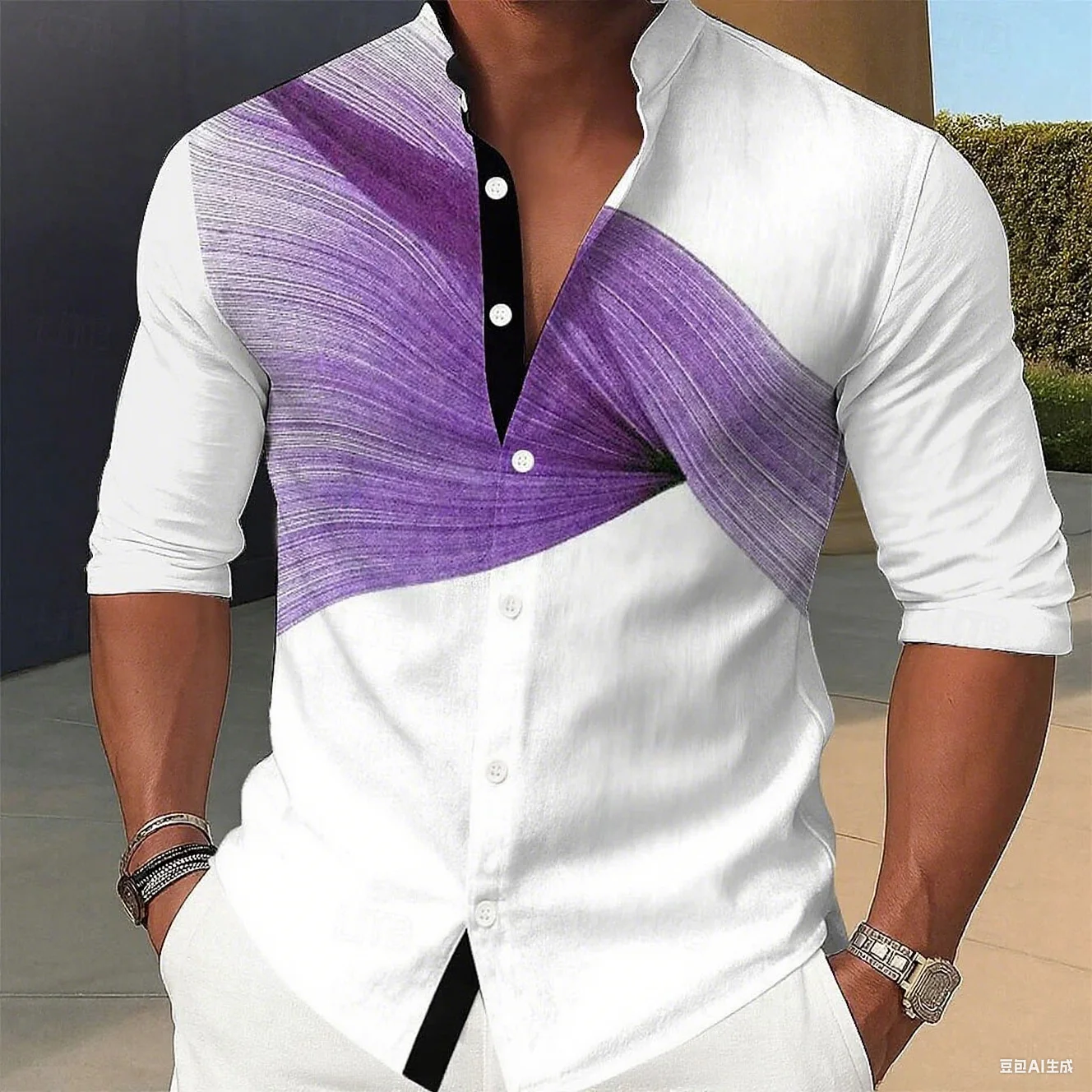 

Men's stand up collar shirt, geometric printed shirt, single breasted shirt, street fashion long sleeved men's clothing