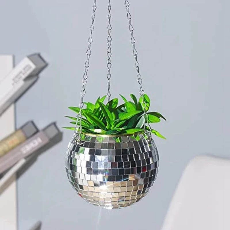 Mirror Reflector Garden Pots Planters Disco Ball Outdoor Flower Pots Rope Mirror Hanging Basket Wall Home Room Garden