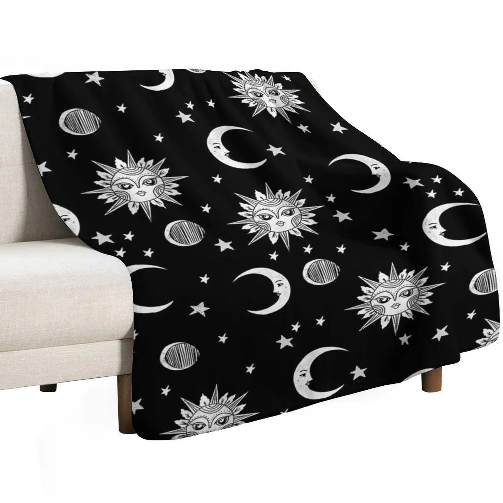 

Linocut black and white sun moon and stars outer space zodiac astrology gifts Throw Blanket Hairy Blankets
