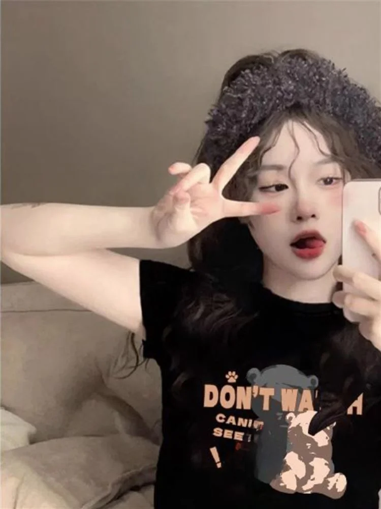 Doce e picante ort sve ort camiseta feminina verão 2024 fino ajuste na moda versátil oulder nível topo ins sle algodão