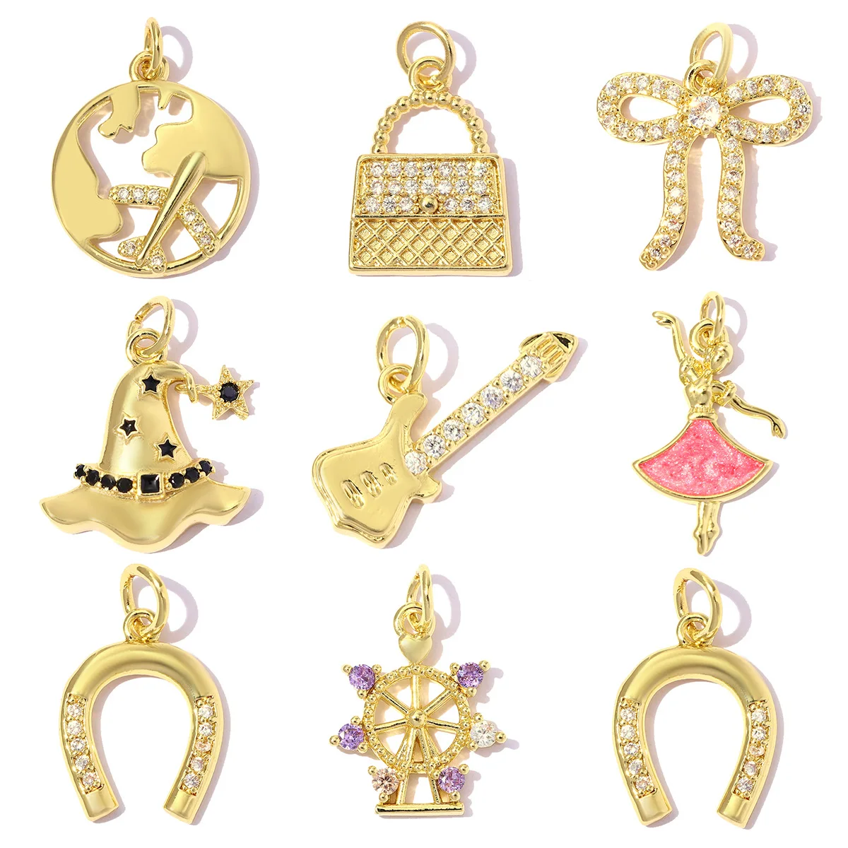 5pcs/Lot Lucky Horseshoe Magic Hat Copper Zircon Charms Women Enamel Dancing Girl Necklace Pendant  Airplane Handbag DIY Jewelry