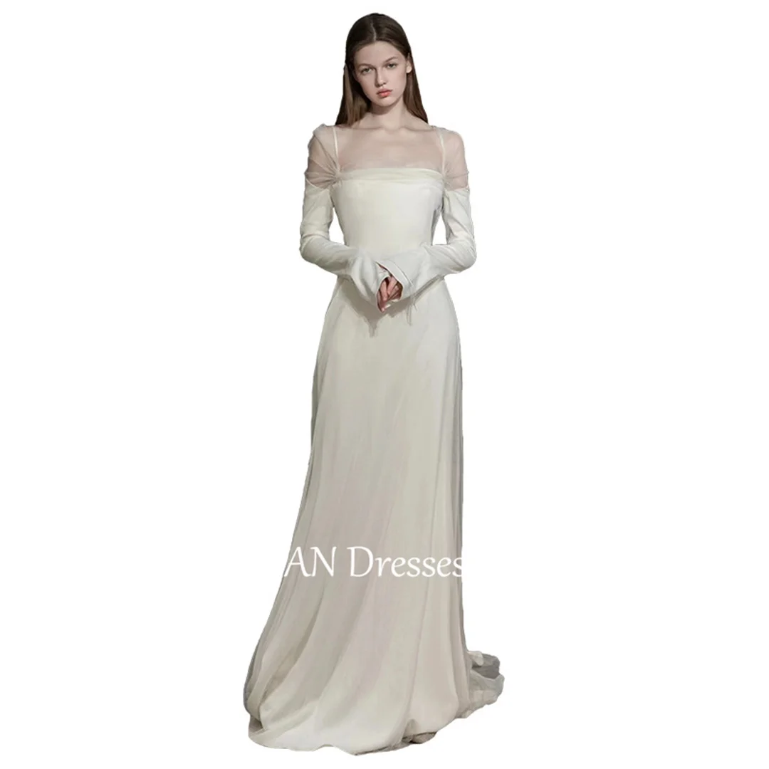 FANAN Korea Long Sleeve Square Collar Wedding Dresses Sheath 웨딩드레스 Ivory Sexy Backless Satin Customized Bride Gowns Plus Size