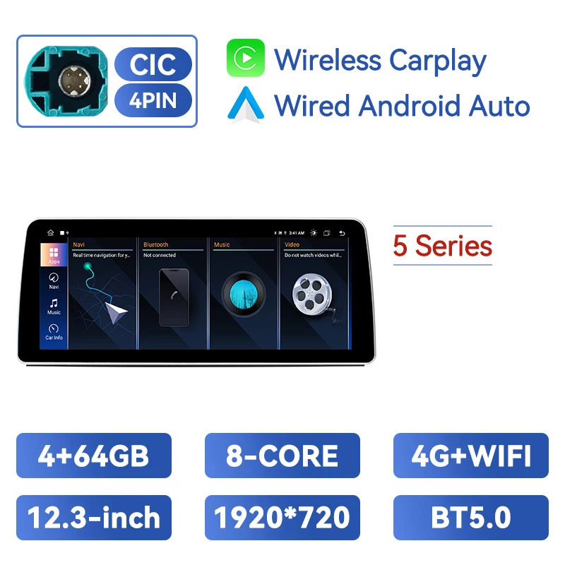 Draadloze Carplay 1920*720P 12.3Inch Android 14 Auto Multimedia Speler Voor Bmw 3/5Serie E60 E61 E90 E91 E92 E93 Ccc Cic 8Core Dsp