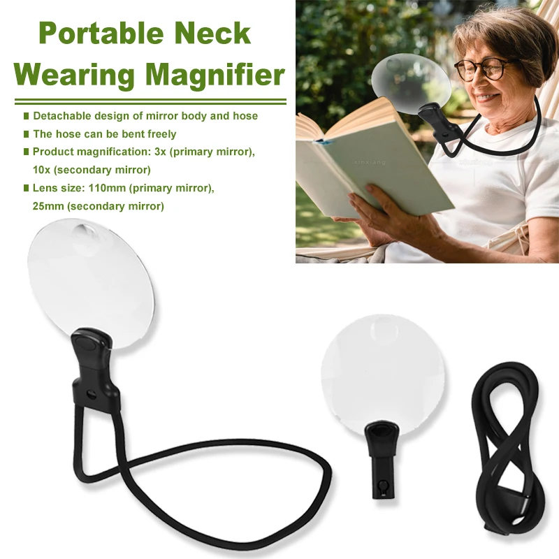 Portable Neck Wearing Magnifier Hands-Free Flexible Magnifier3X 10X Adjustable Magnifying Glass for Seniors Reading Sewing Jewel