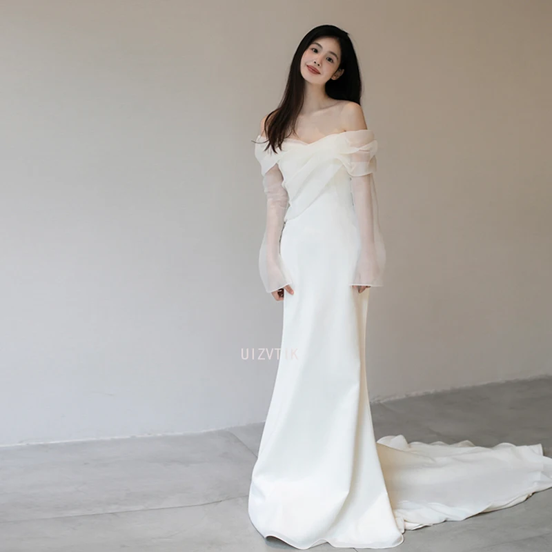 Simple Satin Mermaid Wedding Dress Elegant Off-Shoulder Long Bridal Gown White Tulle Long Sleeve Party Formal Occasion Dress