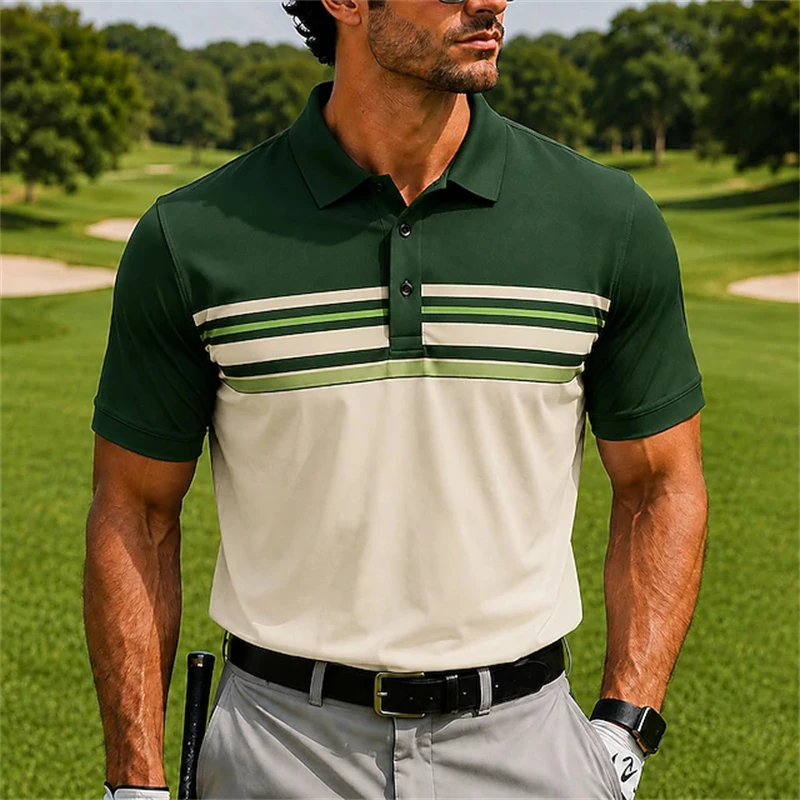 Men's Short-Sleeve Collared 3D Digital-Printed Striped Polo Shirt Summer Men's Business-Casual Top Golf-Style Loose Fit