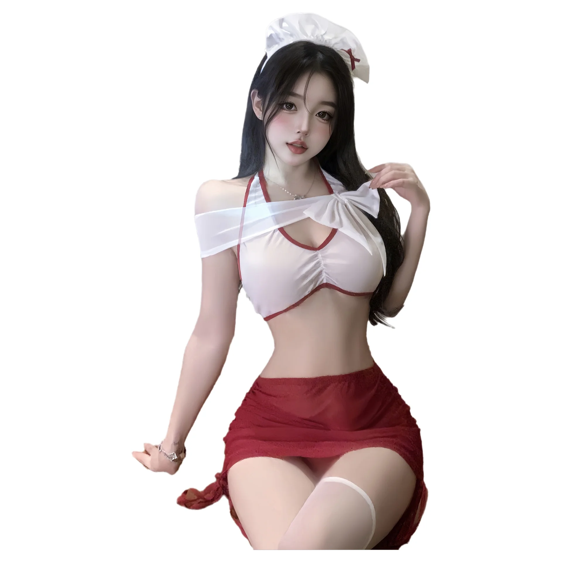 

Sexy Mesh Vest Nurse Two-piece Ruched Short Skirt Uniform Sexy Sets Pure Desire For Woman Nightclub Wear Sexy Sets Charming XK8R