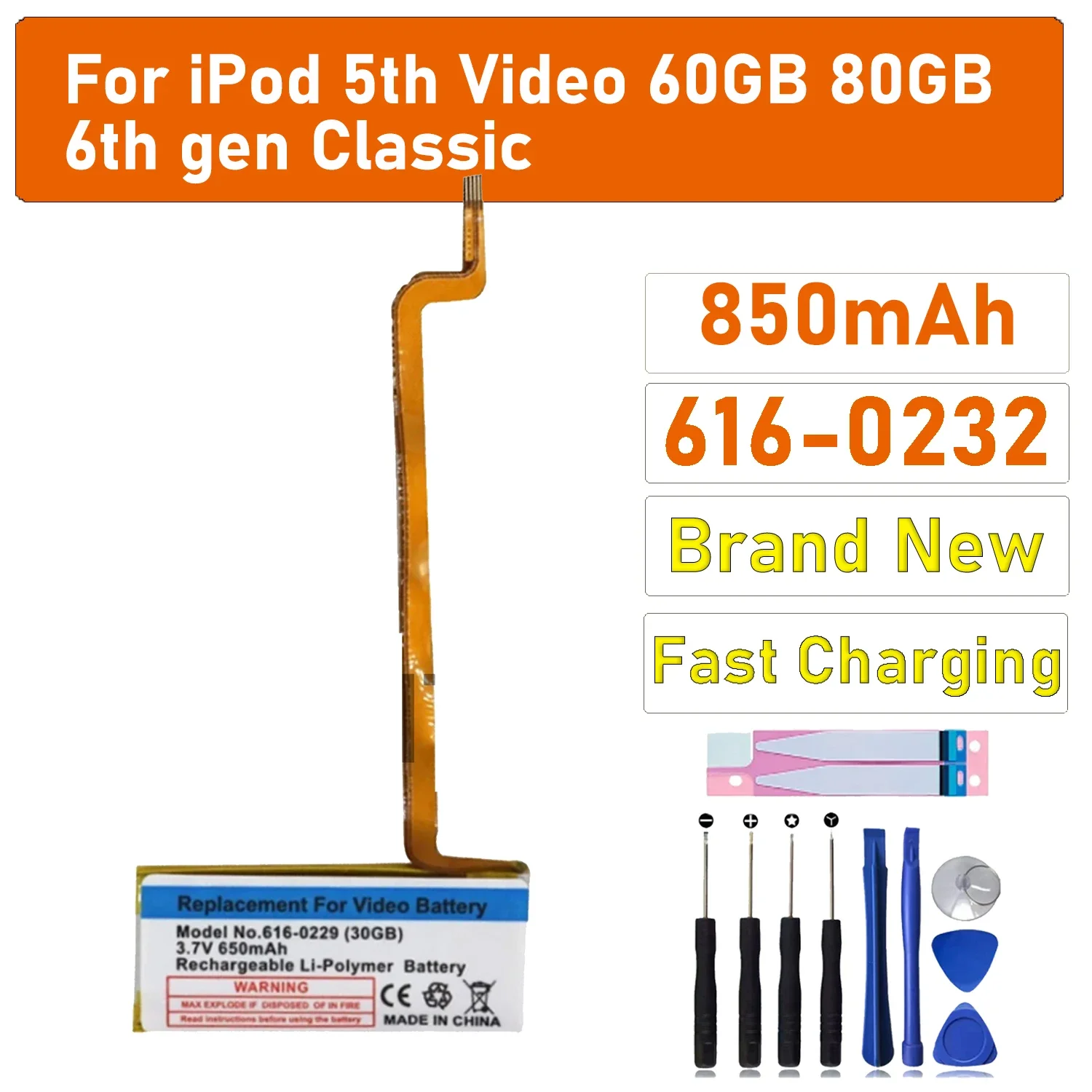 

616-0232 Аккумулятор для iPod 5-го видео 60 ГБ 80 ГБ Для 6-го поколения Классический толстый аккумулятор 160 ГБ 616-0232 Video5th 30 ГБ A1238 616-0229