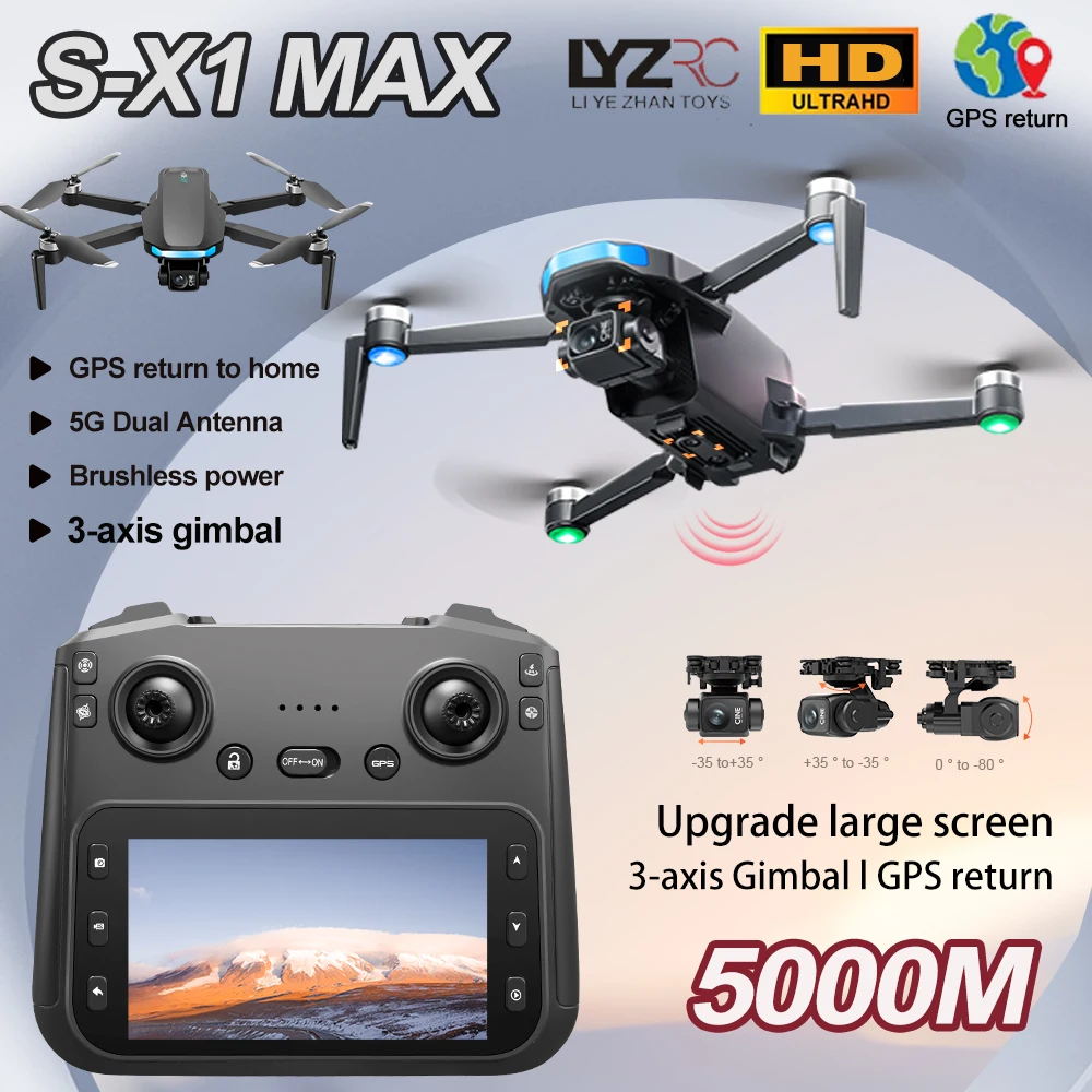 

Дрон S-X1 MAX GPS с 4K HD камерой, 3-осевым стабилизатором, FPV, квадрокоптер для аэрофотосъемки, с большим экраном управления, игрушка