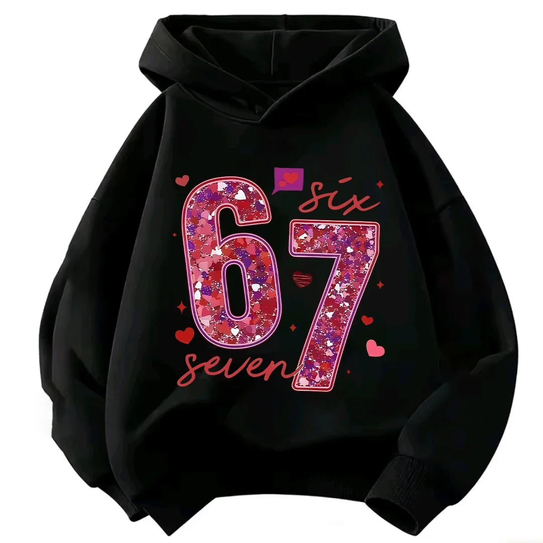 Kinder-Kapuzenpullover mit Glitzer, Nummer 67, Sechs, Sieben, Herz-Print, Langarm-Pullover, Sweatshirt für Mädchen, Lässige Herbst-Oberbekleidung – Detail 5