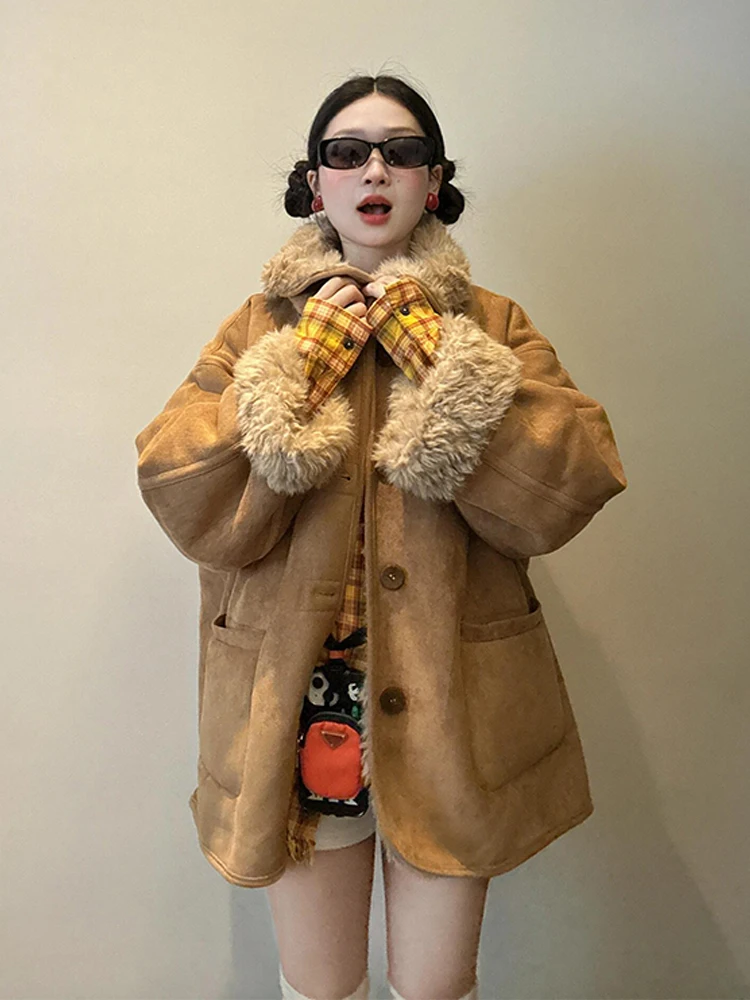 

Korean Style Lazy Casual Double-Sided Wear Leather Fur Integrated Lamb Velvet Jacket Warm Long Sleeve Women's Coat