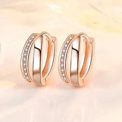 New Woman Simple Fashion Rose Gold Color Hollow Geometry Small Hoop Earring High Quality Cubic Zirconia Earrings Wedding Jewelry