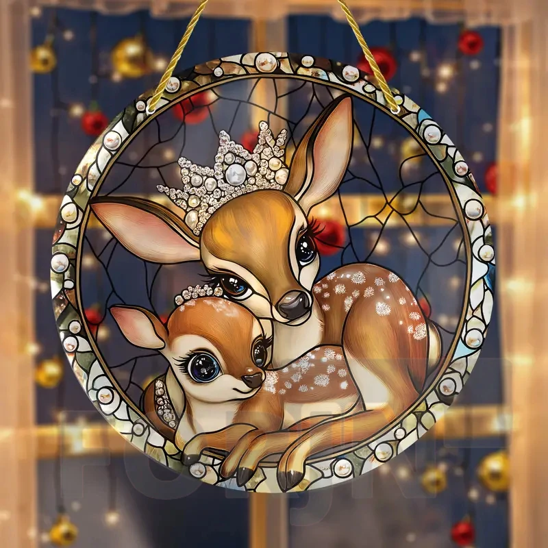 Charming Christmas Reindeer Acrylic Suncatcher,2D Round Translucent Hanging Sign-Perfect for Home,Party,Bar,cafe,window Decor