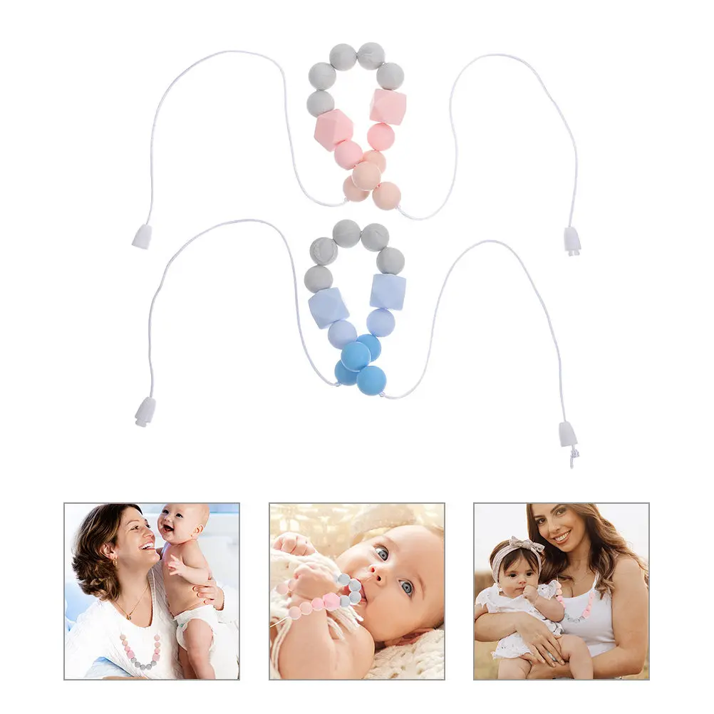 2pcs Teething Necklace Blue Black Silicone Beads Baby Chew Necklace for Infants Nursing DIY Colorful Pendant Lock Bone Chain