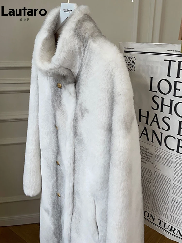 Lautaro Winter Long Thick Warm Fluffy Faux Fur Coat Women Stand Collar Double Breasted Elegant Luxury Designer Clothes Fashion