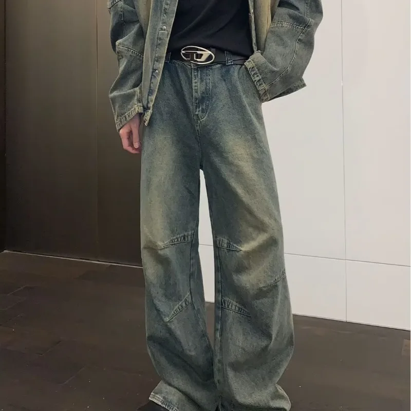 Retro Pink Denim Set Men Loose Vintage Cowboy Jacket +wide-leg Jeans Male 2pcs Sets Japanese American Style Spring Autumn Suits