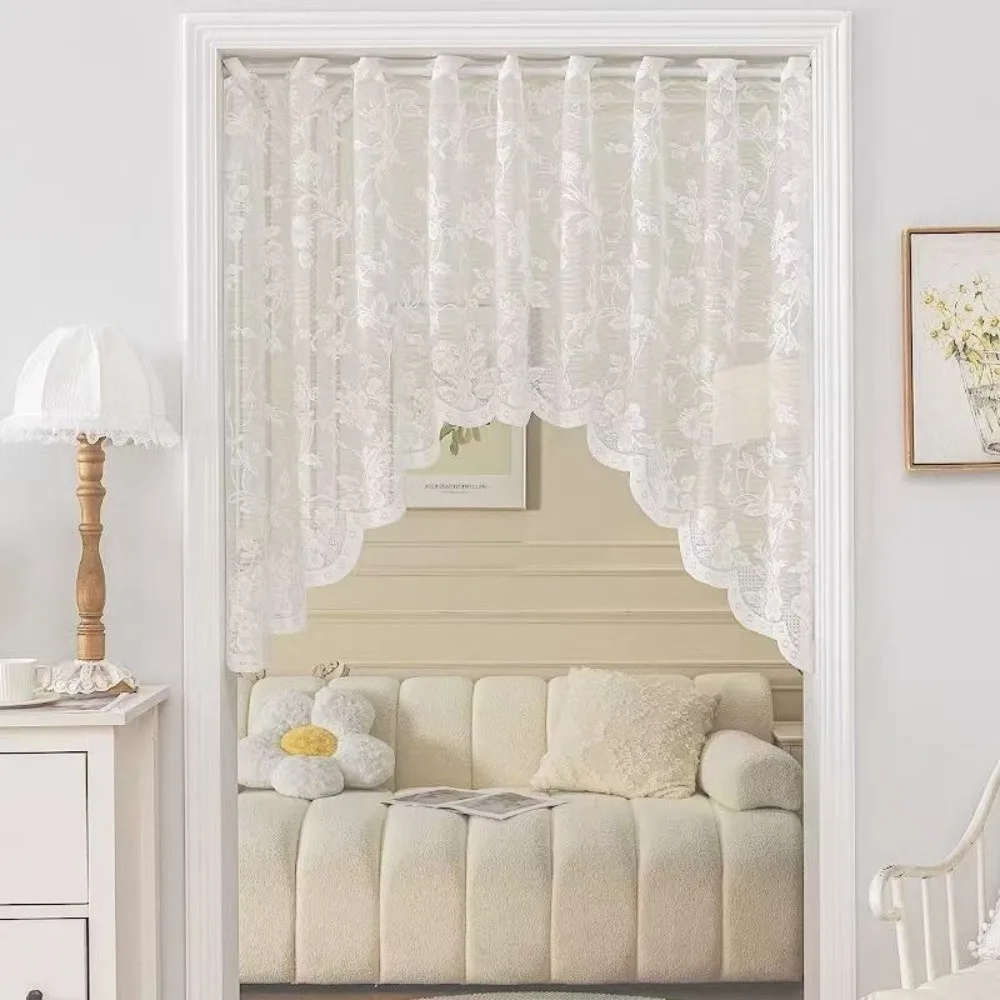 White Sheer Triangle Curtain Lace Jacquard Flowers Small Window Half Curtain Embroidered Short Valance Curtains Home Decor