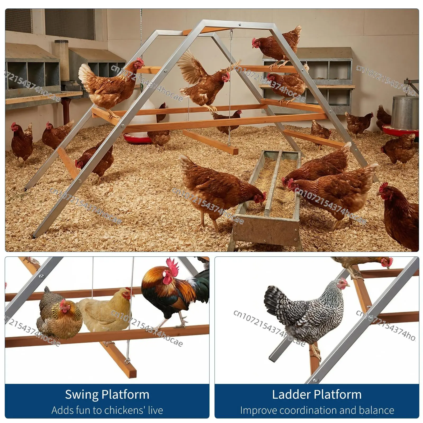 Chicken Roosting Bars, Wooden Chicken Perches with Swing & Ladder, Wood Roost Stand for 10-12 Chickens, Backyard Farm Coop