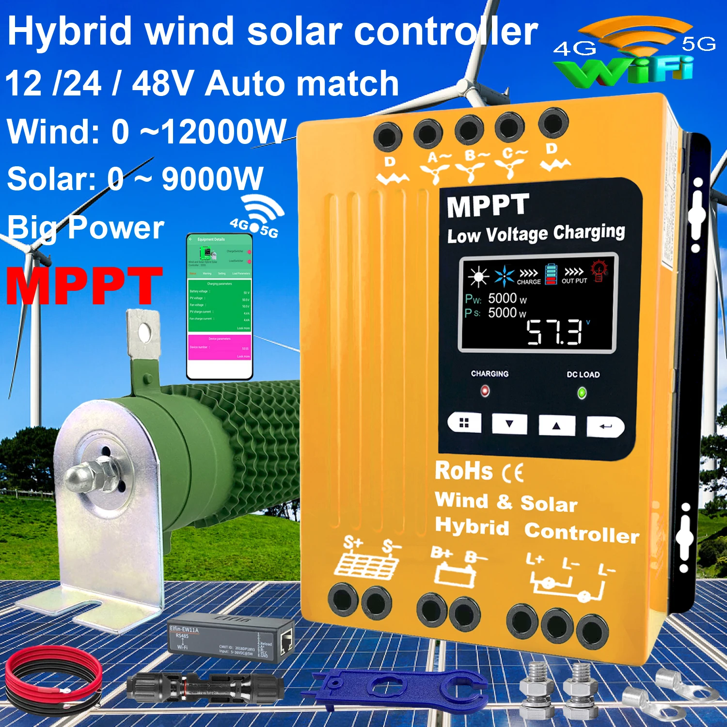 3000W 12 24 48V MPPT Hybrid Charge Controller Wind Generator Solar Panel Charger LCD Display Dump Load For Household Systems