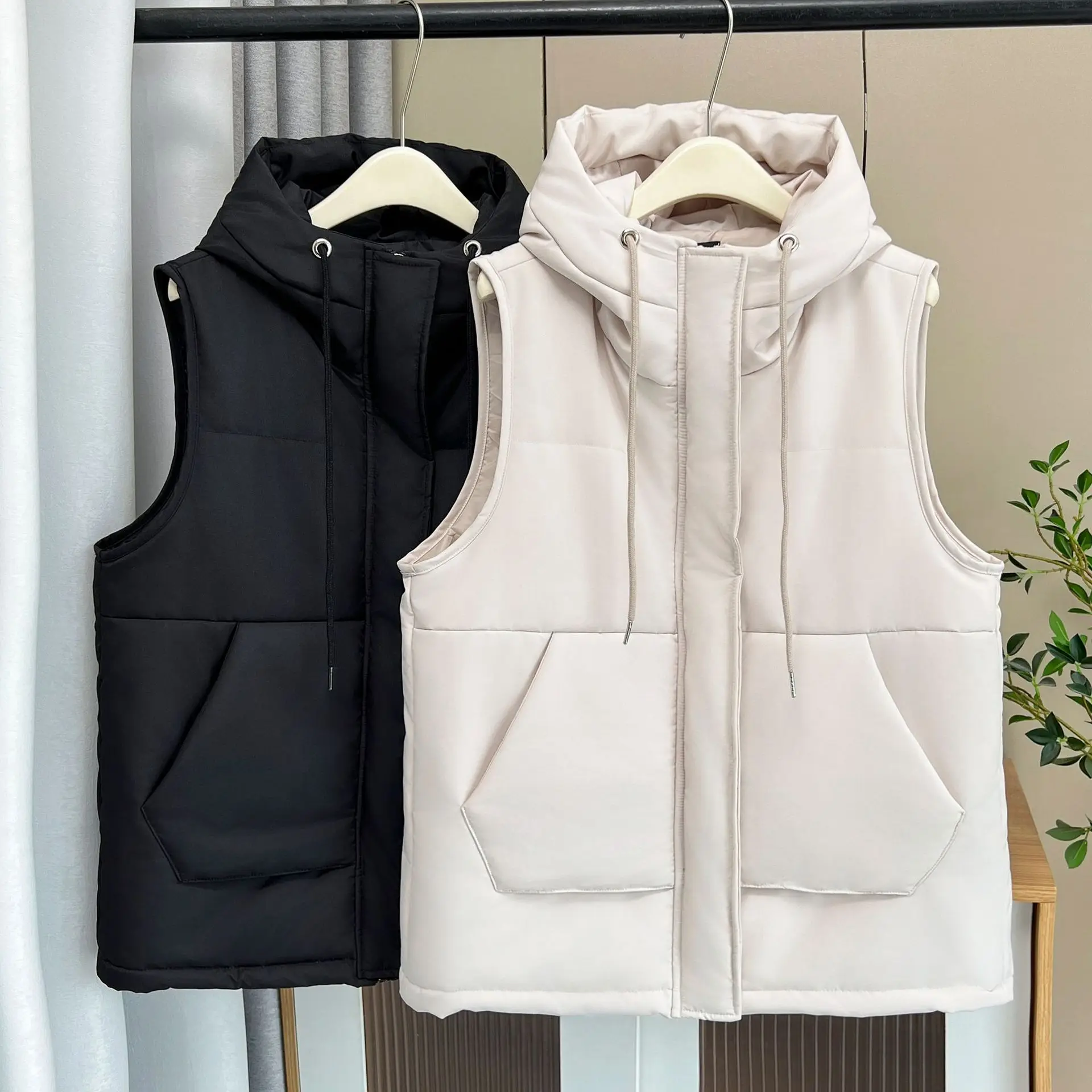 XL XXL ผู้หญิง Parka ฤดูหนาวหลวมหนาอบอุ่นขนาดกลางยาวผ้าฝ้ายเบาะเสื้อกั๊ก Hooded Solid เสื้อกั๊ก 2445