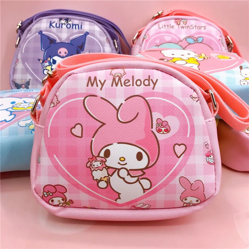 Kawaii Sanrio torba na ramię Crossbody Hello Kitty Melody Kuromi Cinnamorll PU torebki na monety dla dzieci ładny portfel