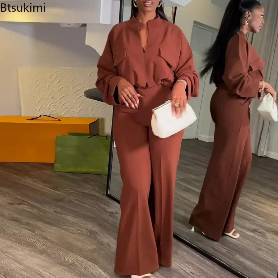 New 2026 Women's Elegant Long Sleeve Shirt and Long Pant Outfits Elegant Double Pocket Solid Business Office Two Piece Pant Sets