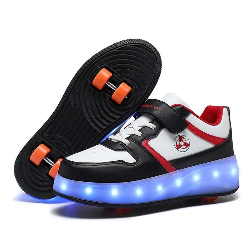 Scarpe a rotelle in pelle PU per bambini 4 ruote moda LED pattini per bambini scarpe da ginnastica per ragazzi e ragazze taglia 29-40,