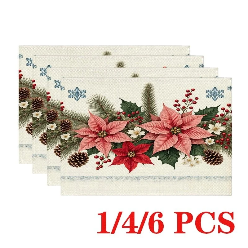 Linen Christmas Placemat Magic Glowing Spiral Christmas Tree Reindeer Snow Covered Cabin Pine Forest Gift Box Print Table