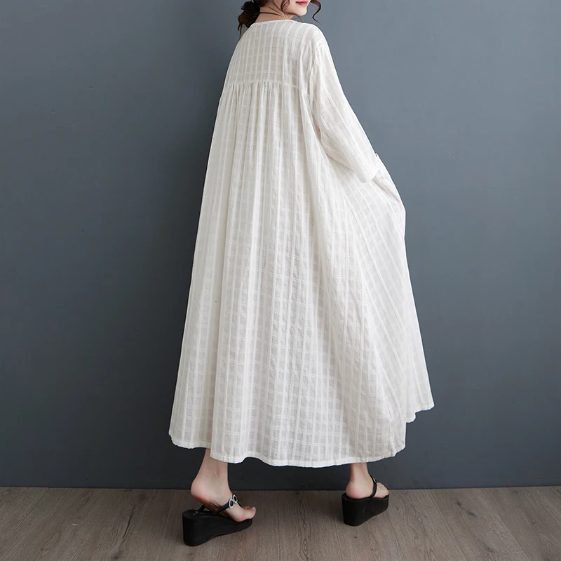 High-end dames zomerlinnen Dr artistiek groot formaat losse jurk met zeven mouwen en k-patroon ontwerp comfortabele a-lijn...