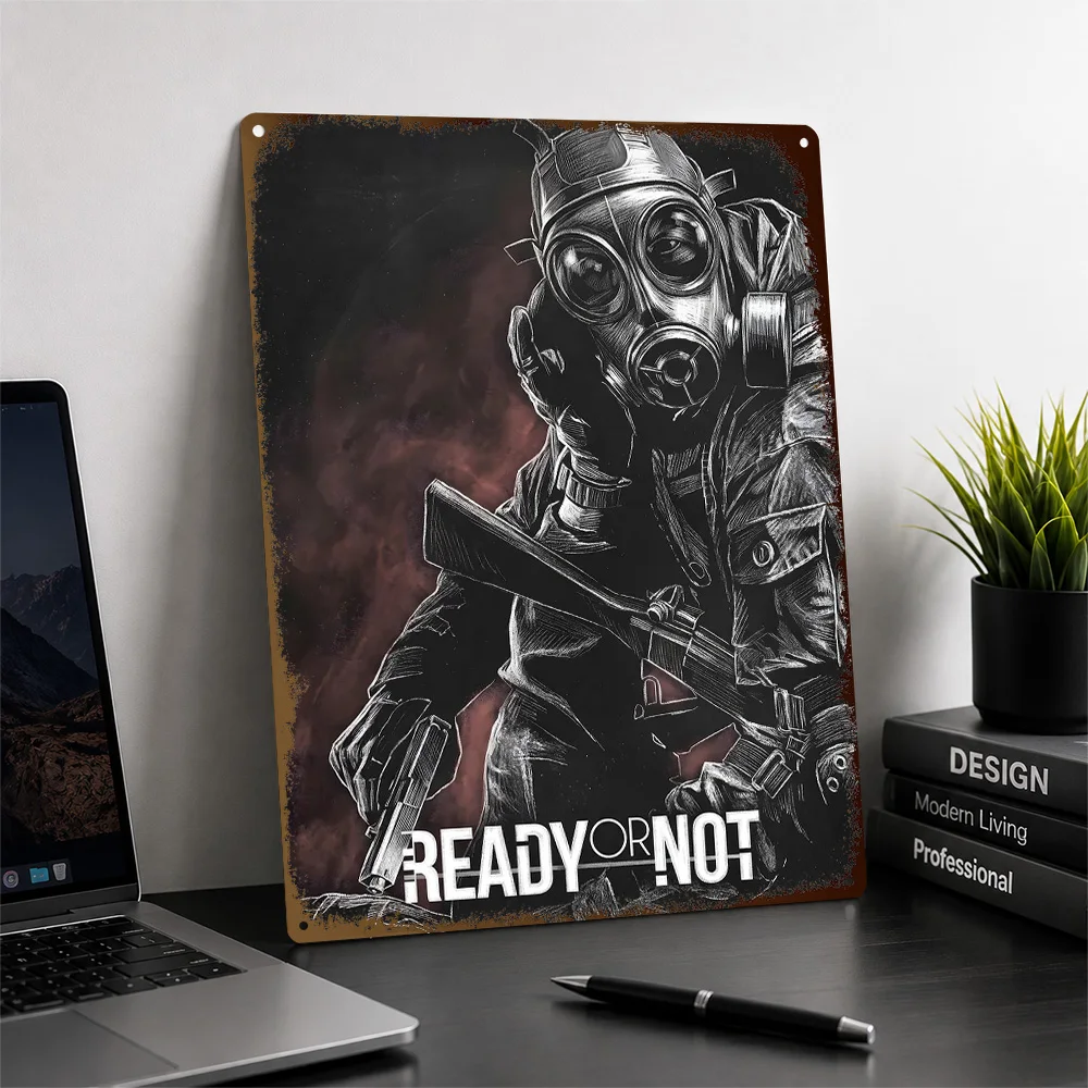 Ready Or Not Gas Mask Operator Aluminum Poster Customized Metal Tin Sign Battlefield Squad Design Wall Art Collector Den Decor