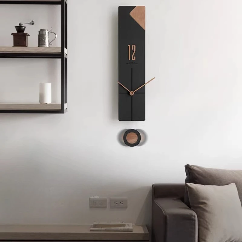 Modern Minimalist Wall Clock, Wood Grain Patchwork Design,Swinging Hanging Clock for Living Room Bedroom, Unique Art Home Decor