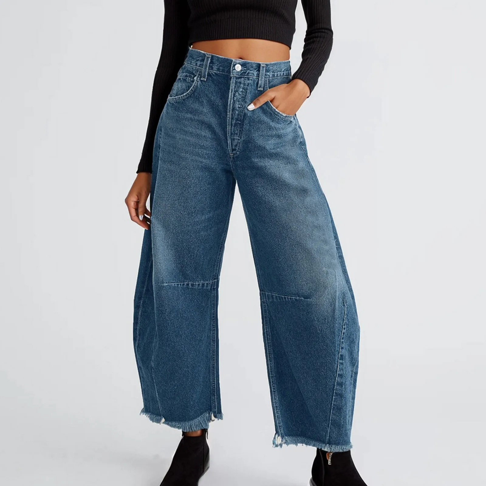 

High Rise Barrel Jeans For Women Wide Leg High Waist Tassel Hem Cropped Denim Pants Women's Vintage Baggy Boyfriend Jeans