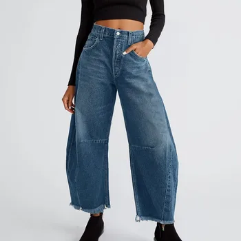 High Rise Barrel Jeans For Women Wide Leg High Waist Tassel Hem Cropped Denim Pants Women's Vintage Baggy Boyfriend Jeans