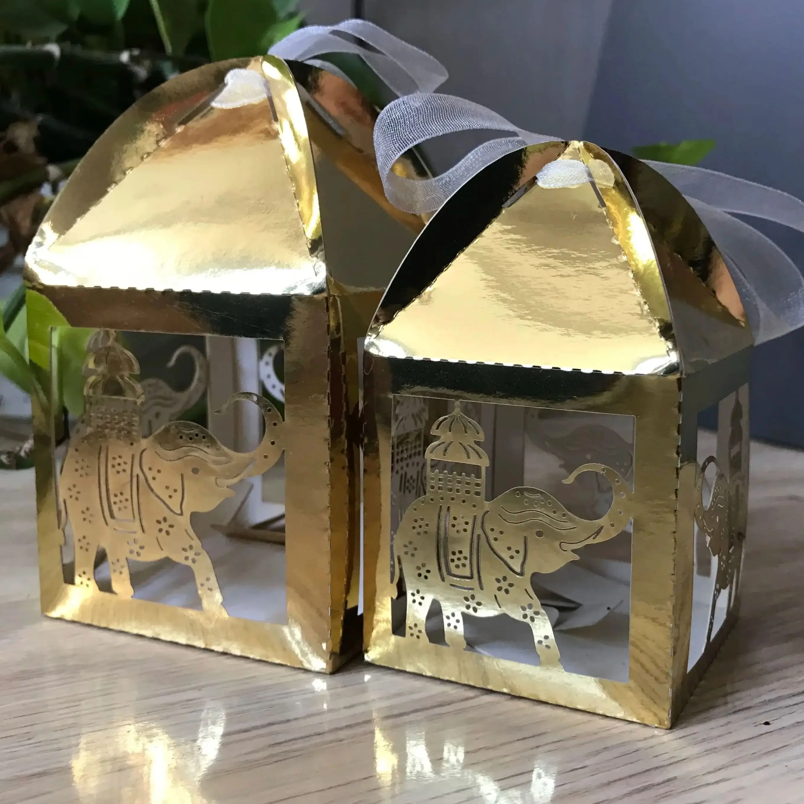 10pcs Elephant Metallic Gold Gift Boxes with Ribbon,Laser Cut Macaron Packaging Boxes,Wedding Souvenirs Favor Box for Decoration