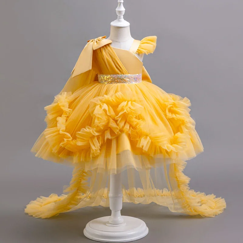 Girls Asymmetric Ruffled Tulle Gown With Bow And Sequin Belt Perfect For Flower Girl Train Dresses Birthday Celebrations Piano P