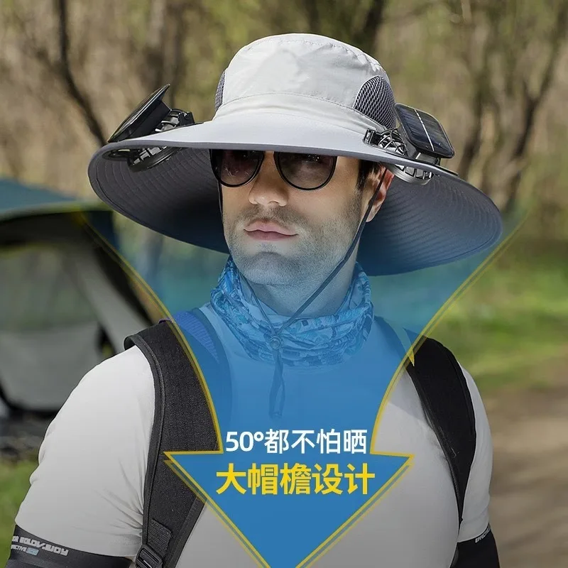 Solar Fan Hat Men Summer Outdoor Hiking Fishing Cap Strong Airflow UV Protection Sun Hat Breathable Cool