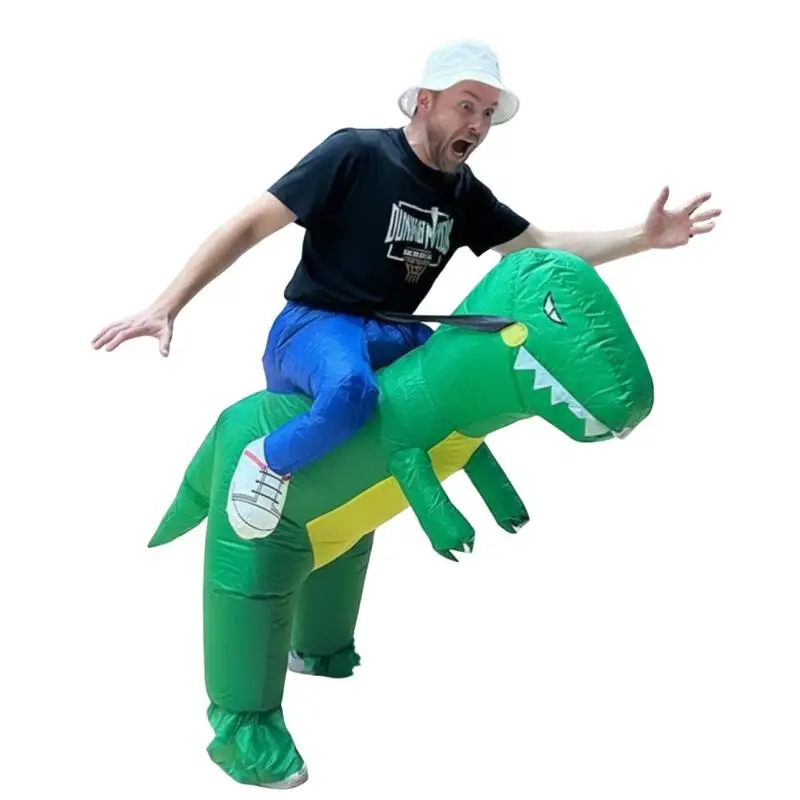 Grappige Groene Dinosaurus Rijden Opblaasbaar Cosplay Kostuum Unisex Voor Volwassen Halloween Carnaval Party Outdoor Speelgoed Verkleedoutfit