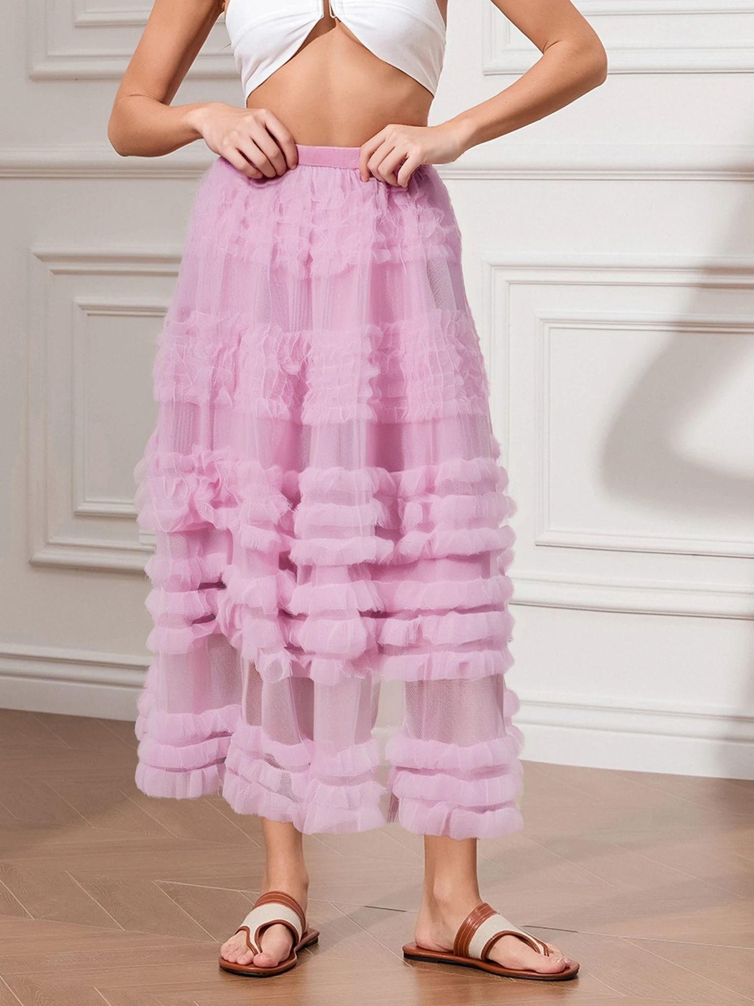 

Женская длинная юбка трапециевидной формы из тюля с высокой талией, прозрачная сетчатая многоуровневая юбка с рюшами на лето и весну