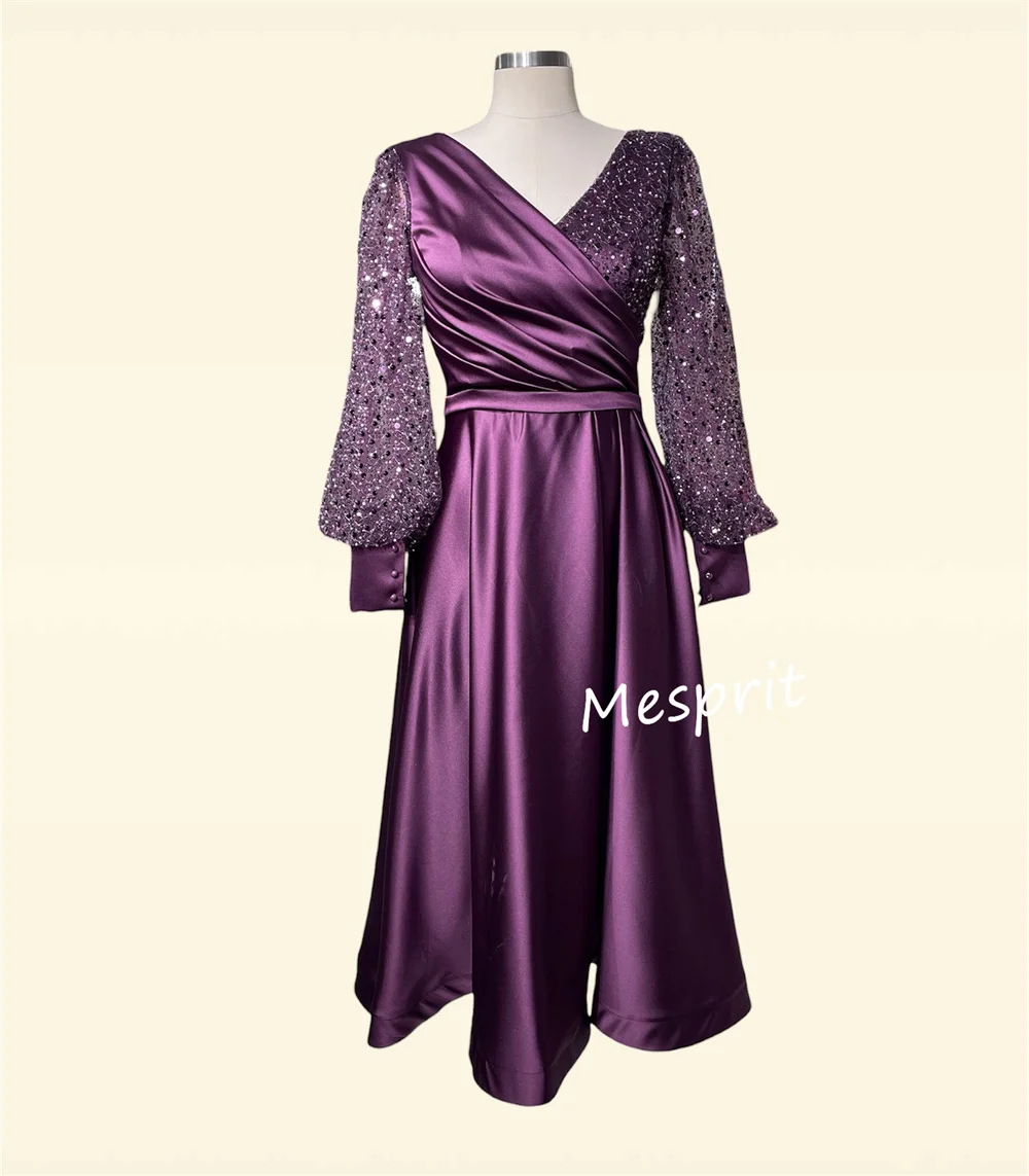 Customized Sparkle Pleat Sequined Ribbon A-line V-neck Midi Dresses Quinceanera Dresses Formal High Quality