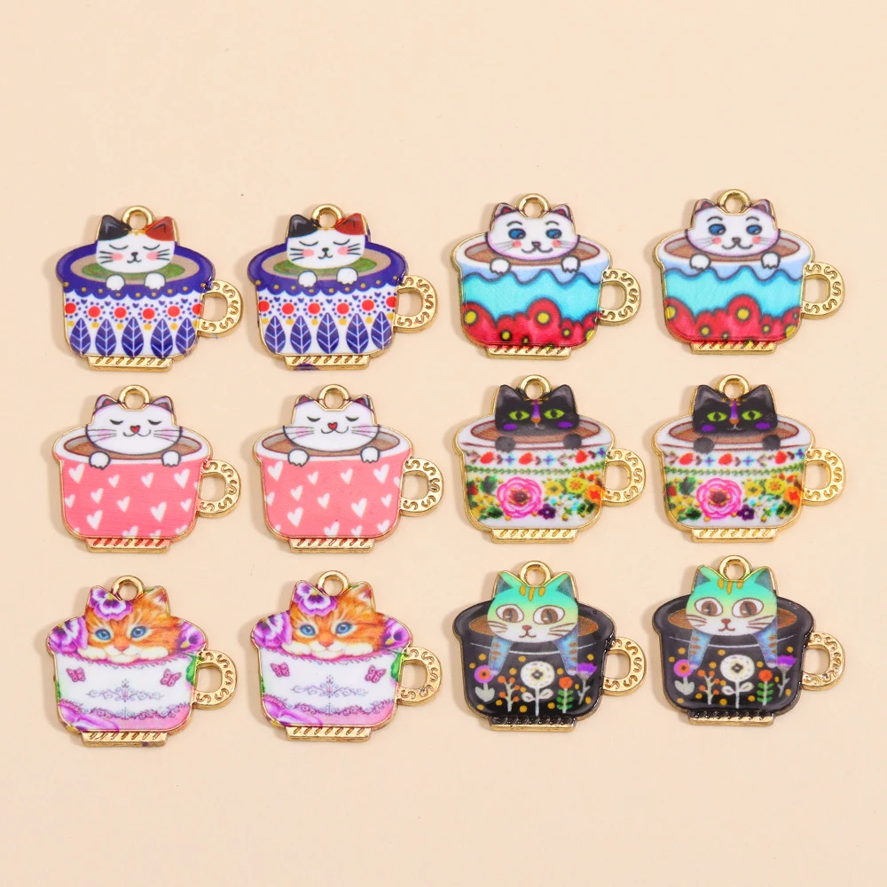 10Pcs Ins Style Cute Coffee Cup Cat Charms DIY Jewelry Necklace Bracelet Earrings Metal Dripping Oil Kawaii Teacup Cat Pendants