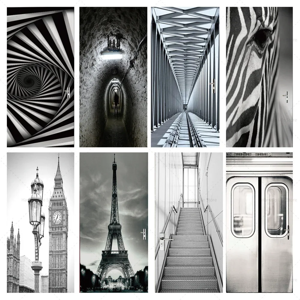 Cool Black White Famous Buildings Photo Door Sticker Removable Home Decorative PVC Wallpaper Big Ben Red Umbrella Door Poster