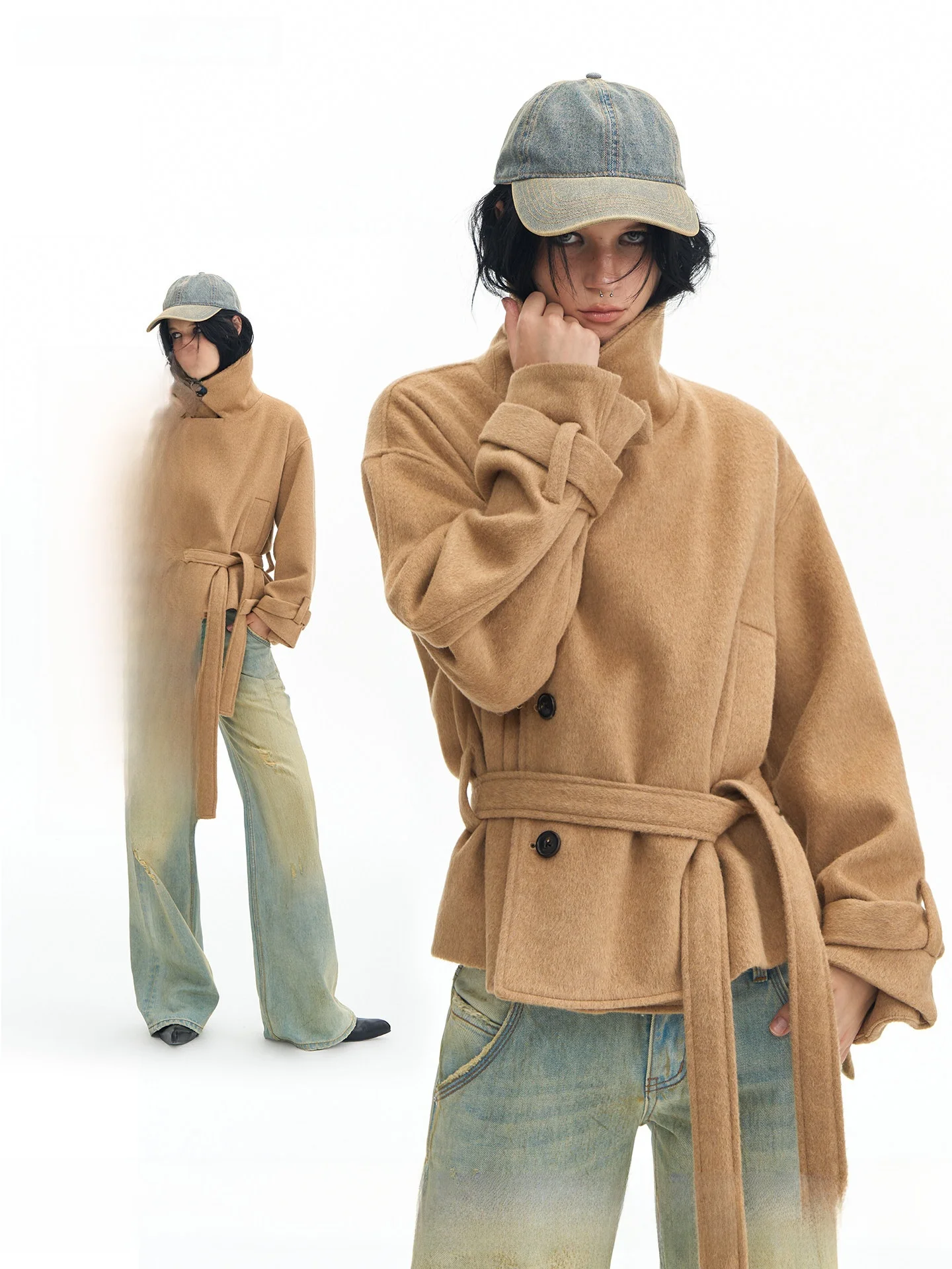 

Оригинальное шерстяное пальто Deleteex из серии London с отложным воротником, низкой талией, поясом и высоким воротником, молодежное, женское, модное, осенне-зимнее