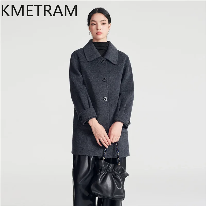 KMETRAM 100% Real Wool Coats for Woman Mid Length Coat Women 2024 Autumn New in Outerwears Loose Womans Clothing Пальто Женское