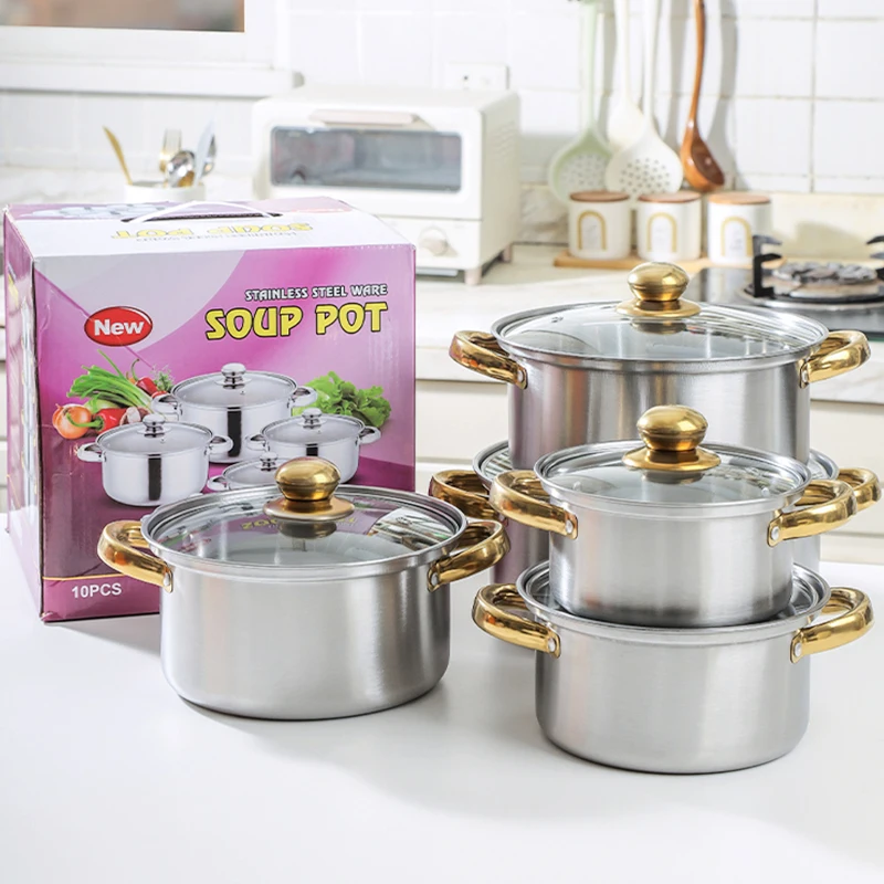 10pcs Kitchen Cast Iron Soup Pot Non-stick Cookware Hot Pot Food Warmer Set Stainless Steel Cooking Pot Set