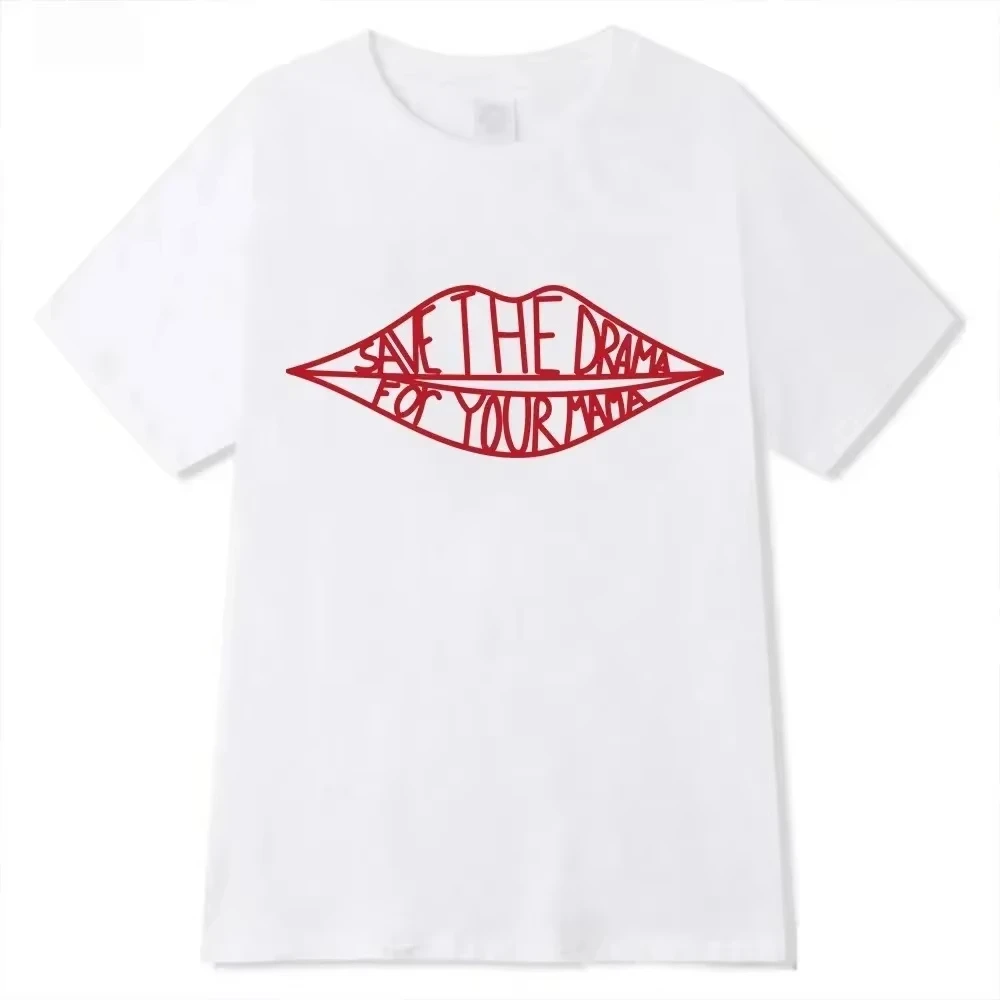 Men's Summer T-shirt Save The Drama for Your Mama Lips Print Casual Short Sleeve Tee Streetwear Hip Hop Top 100% Cotton Loose