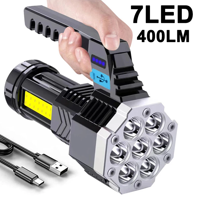 

7LED 400LM USB Rechargeable Flashlights High Power Lighting ABS Torch with COB Side Light IPX4 Waterproof Flashlight Accessories