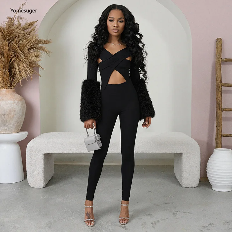 

Yomesugar Sexy Hollow Out Jumpsuit Women's Hipster V-neck Furry Patchwork Long Sleeve Bodycon Rompers Midnight Party Clubwear