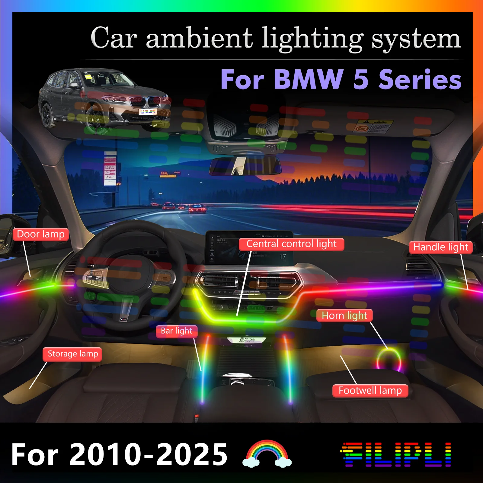14 In1 For BMW F10 F11 F07 F18 G30 G38 G31 G60 G68 G61 Car Interior Ambient Lamps 64 Colorful Atmosphere Lights Auto LED Neon